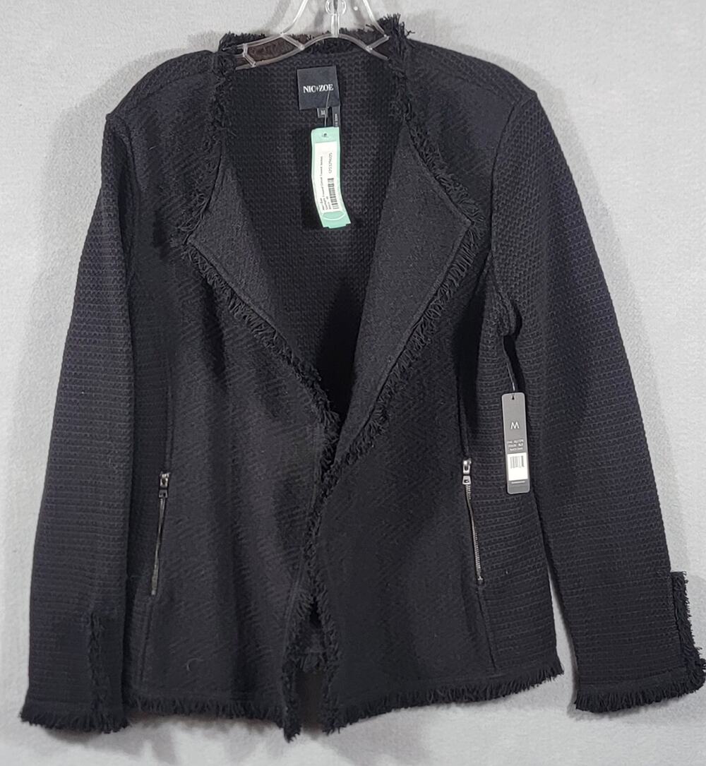NWT NIC+ZOE Fringe Trim Open Front Jacket Medium Black Onyx Knit Cardigan